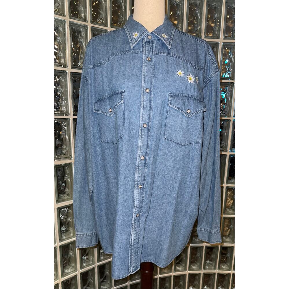 Doerig & Kreier vintage 100% cotton Daisy embroidered denim shirt - size XL